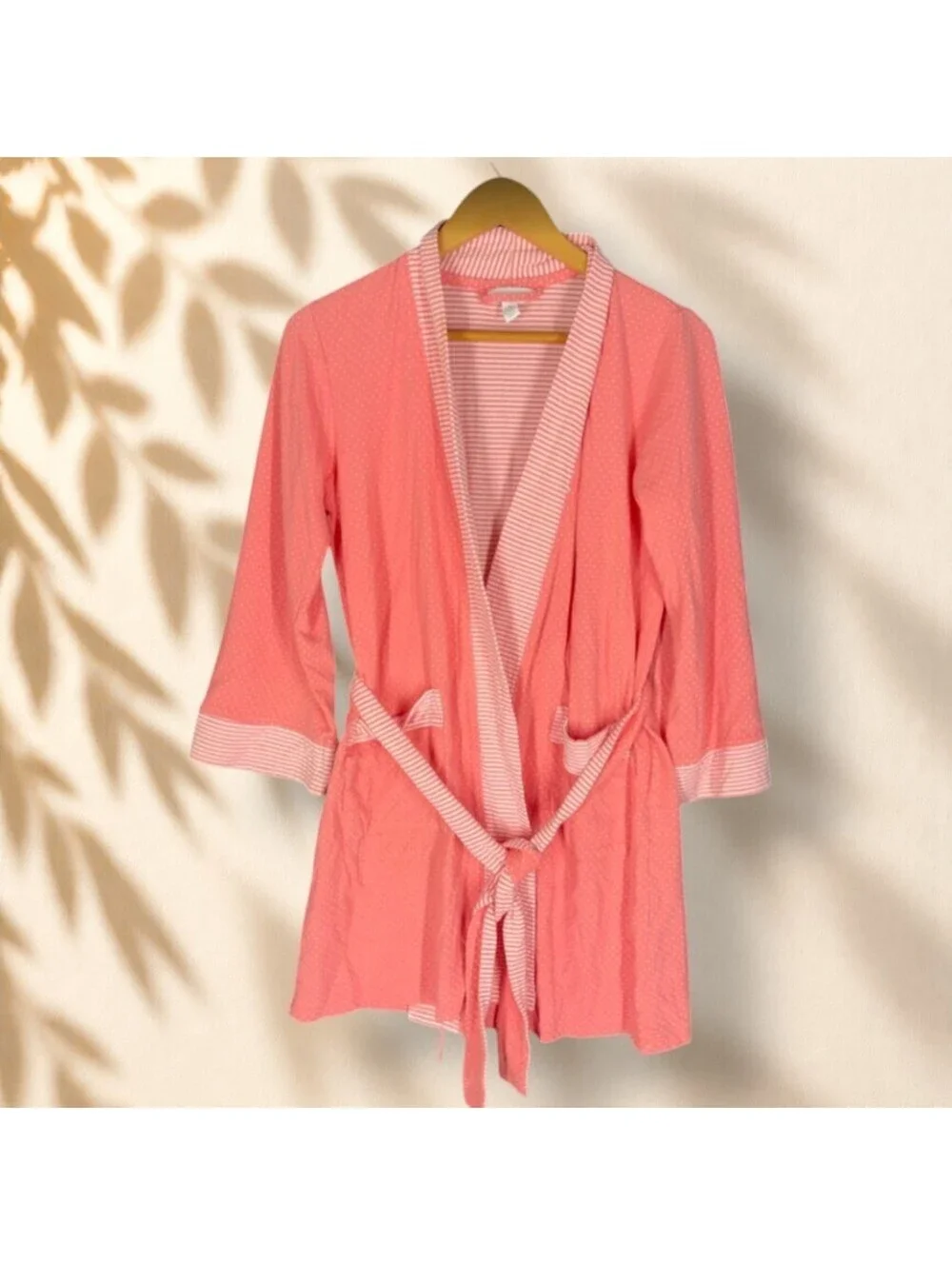 Charter Club Robe Women XS Pink Polka Dot Open Front 3/4 Sleeve Belted Pockets
